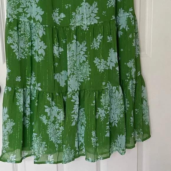 Sugarlips Kelly Green Floral Split Frilled Tie Neck Tiered Long Sleeve Dress - Picture 16 of 16